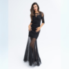 Vestido Negro de Tul Bordado con Encaje Richelieu